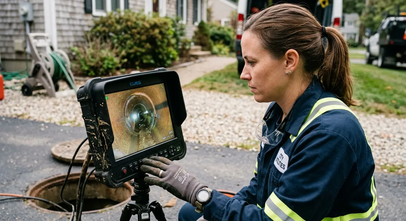 Technician reviewing sewer camera inspection footage in Whitewater