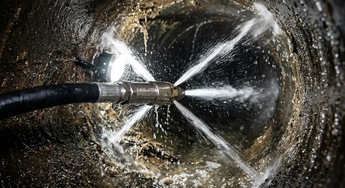 High-pressure hydro jetting nozzle cleaning sewer pipe for Sewer Cleanout in Whitewater