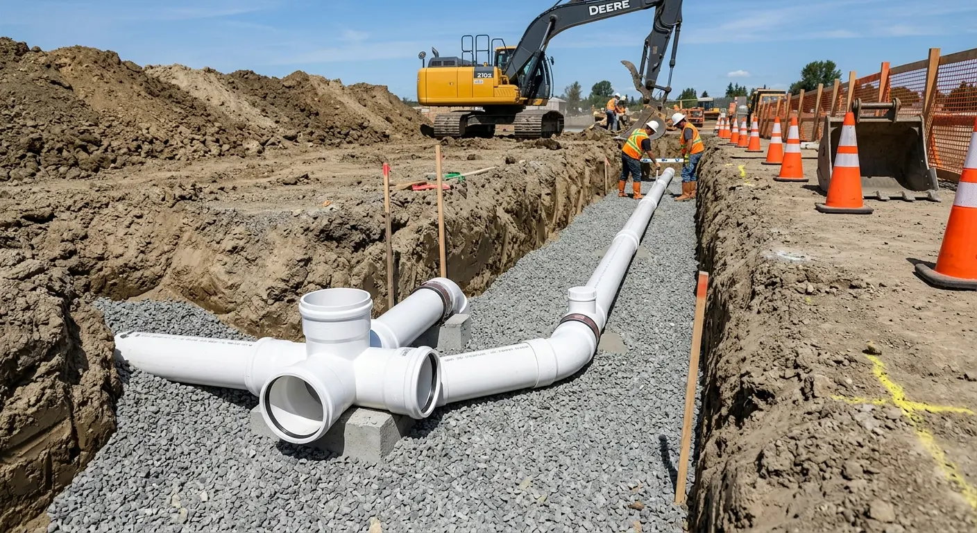 New PVC sewer pipe installation in open trench for Grease Trap Cleaning in Whitewater